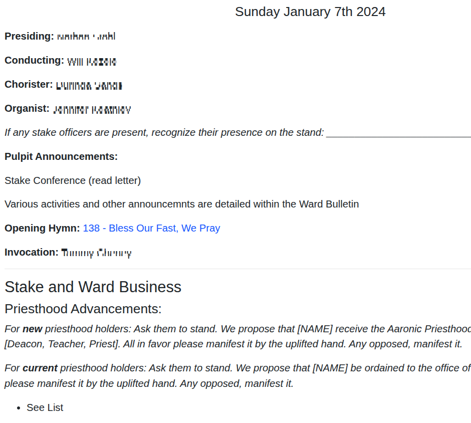 Sacrament Meeting Agenda Example