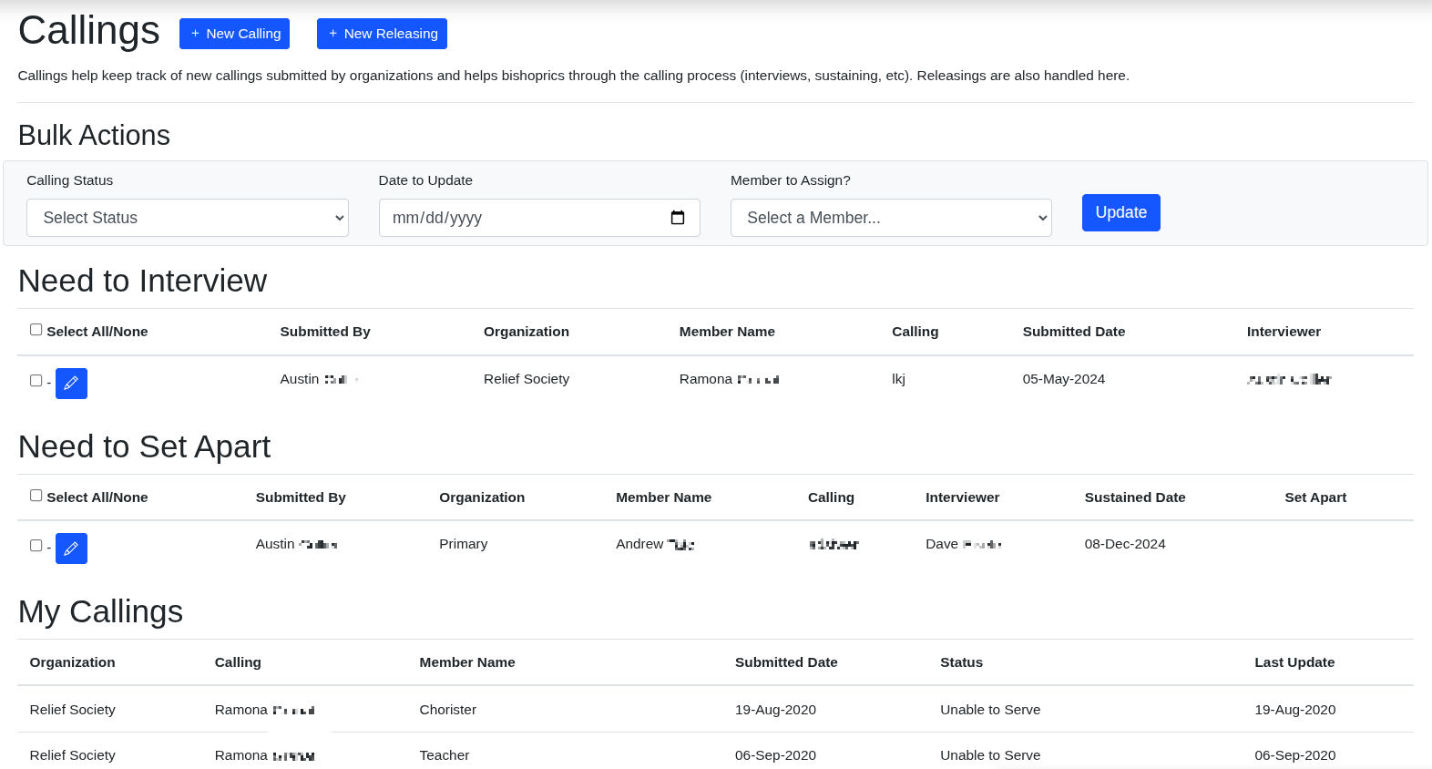 Callings Dashboard Example